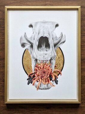 Original Art Print Skull & Chrysanthemum Fine Art Gold Leaf Aesthetic Room Decor